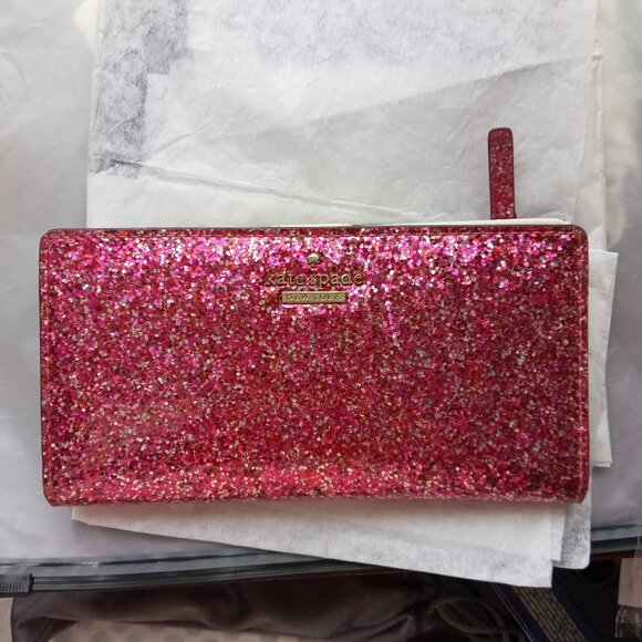 Kate Spade Madison Pink glitter Large Slim Bifold Wallet with box - Picture 4 of 15